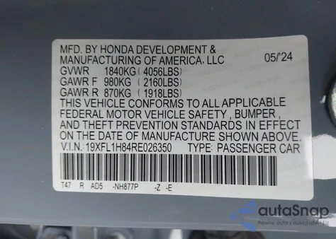 2024 Honda Civic Sport Touring from USA, damaged, VIN 19XFL1H84RE026350